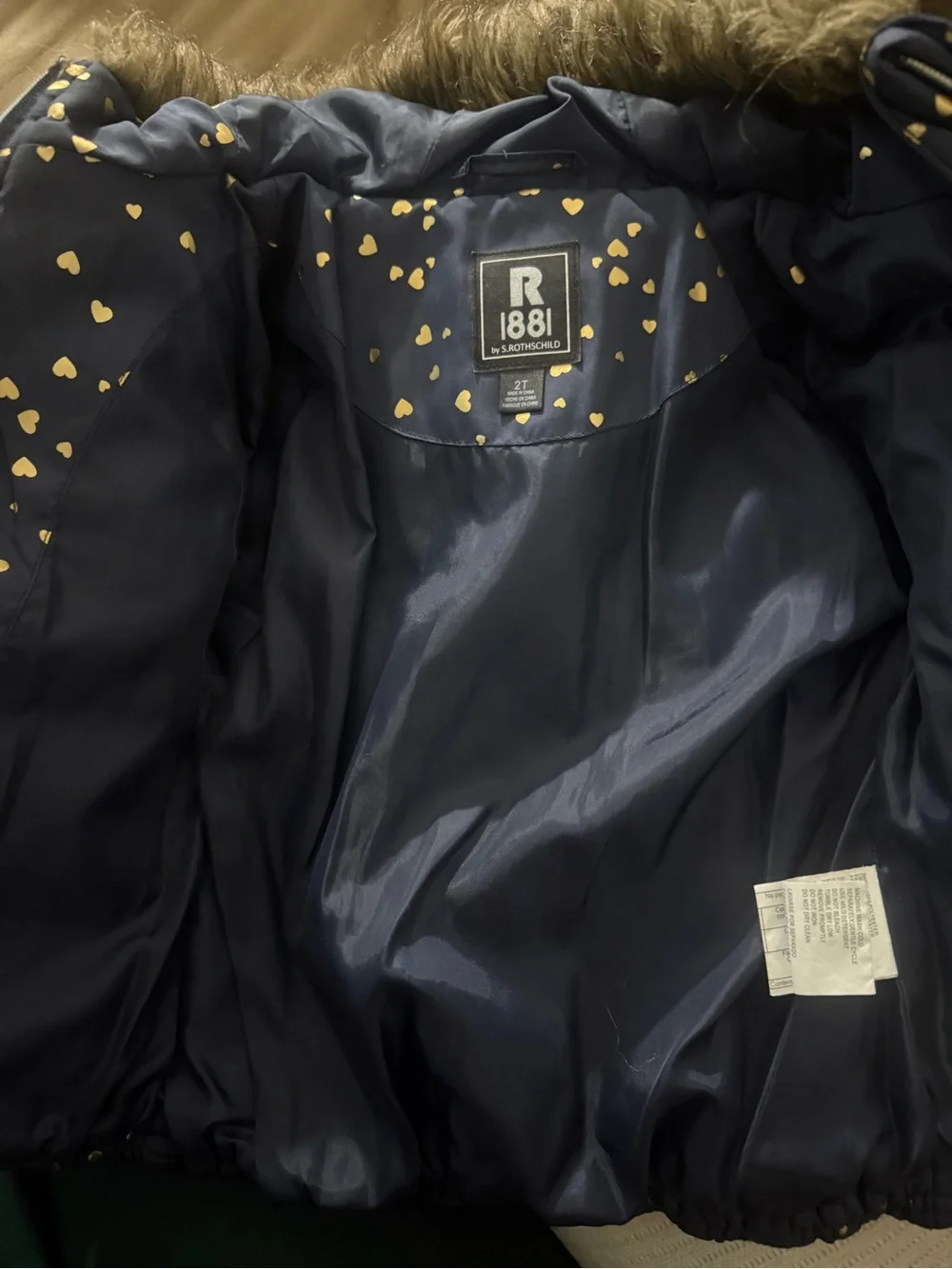 Rothschild 1881 Girls 2T Navy Gold Heart Puffer Coat Faux Fur Hood Winter Jack